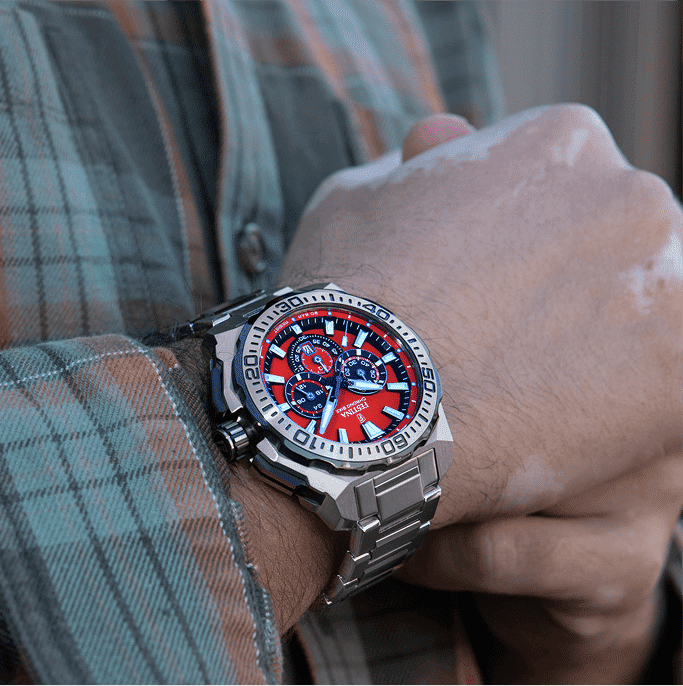 Herren-Armbanduhr mit rotem Zifferblatt und Chronograph, Edelstahlband