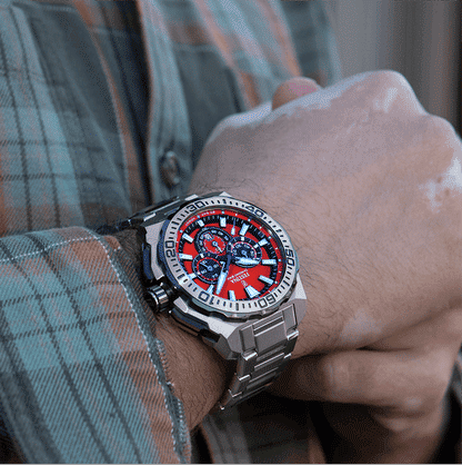 Herren-Armbanduhr mit rotem Zifferblatt und Chronograph, Edelstahlband