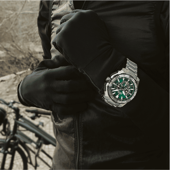 Herren-Armbanduhr mit grünem Zifferblatt und Chronograph, Edelstahlarmband