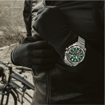 Herren-Armbanduhr mit grünem Zifferblatt und Chronograph, Edelstahlarmband