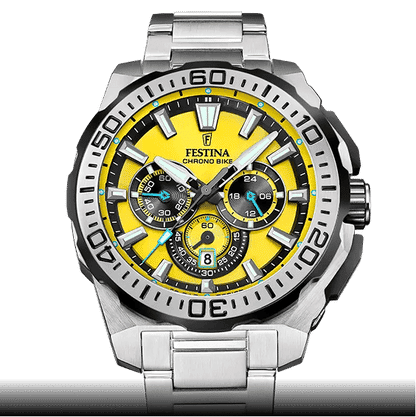 Herren-Armbanduhr mit gelbem Zifferblatt, Chronograph, Edelstahlband