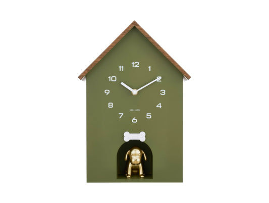 Horloge murale niche pour chien, verte avec figurine dorée et toit en bois
