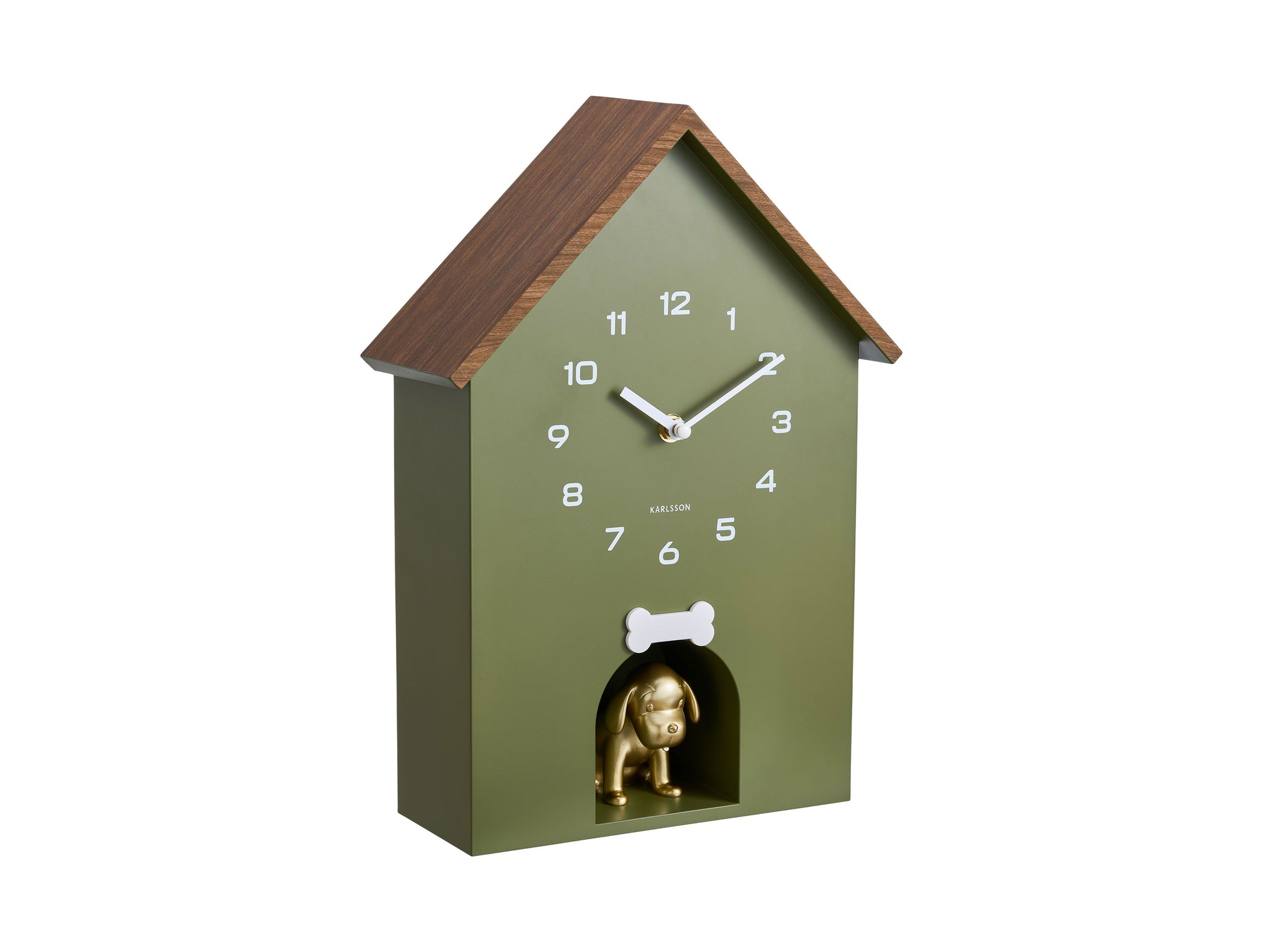 Horloge murale niche pour chien, verte avec figurine dorée et détail d'aiguilles