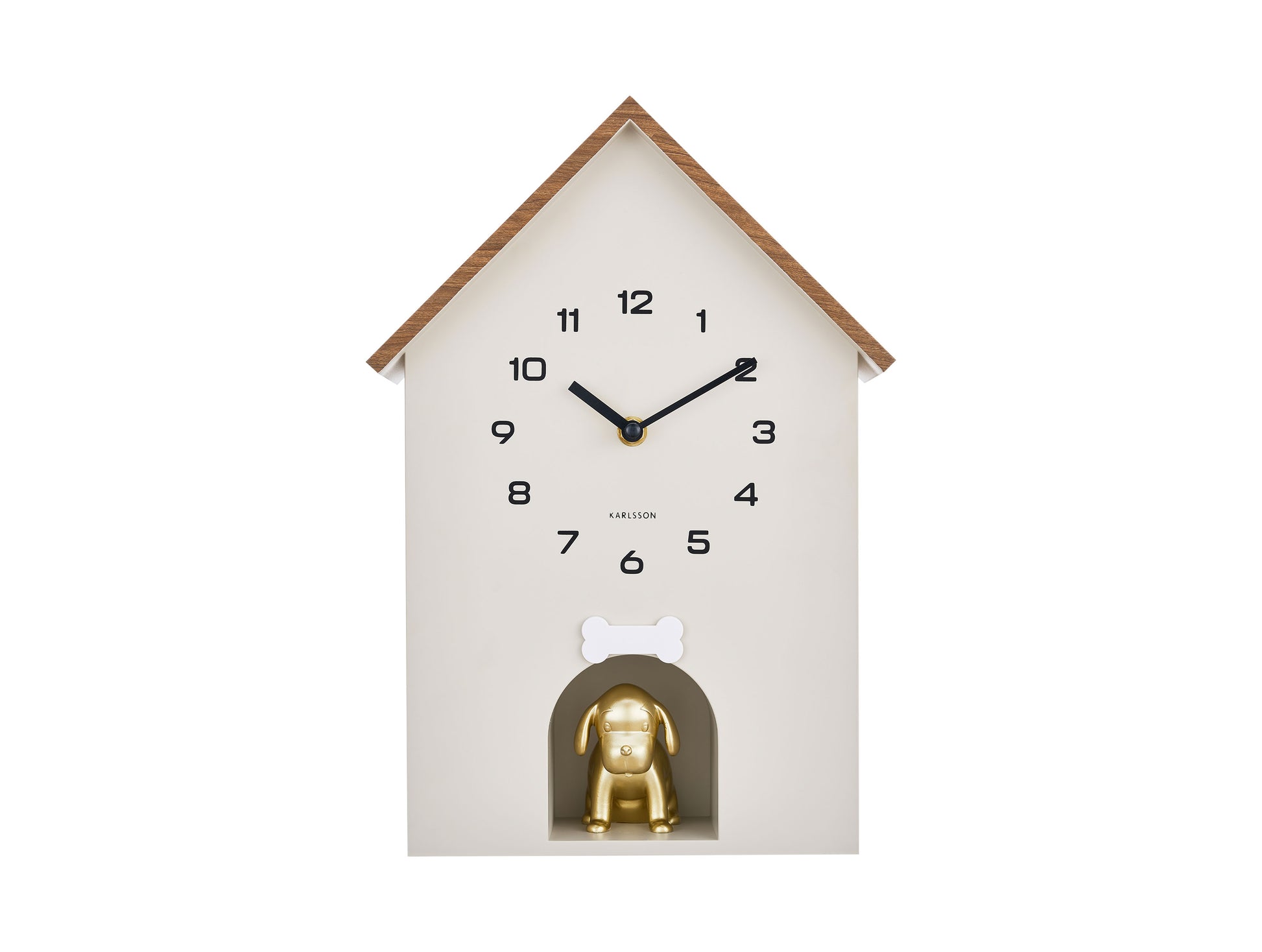 Horloge murale en forme de maison avec cadran blanc et chien doré, design coucou