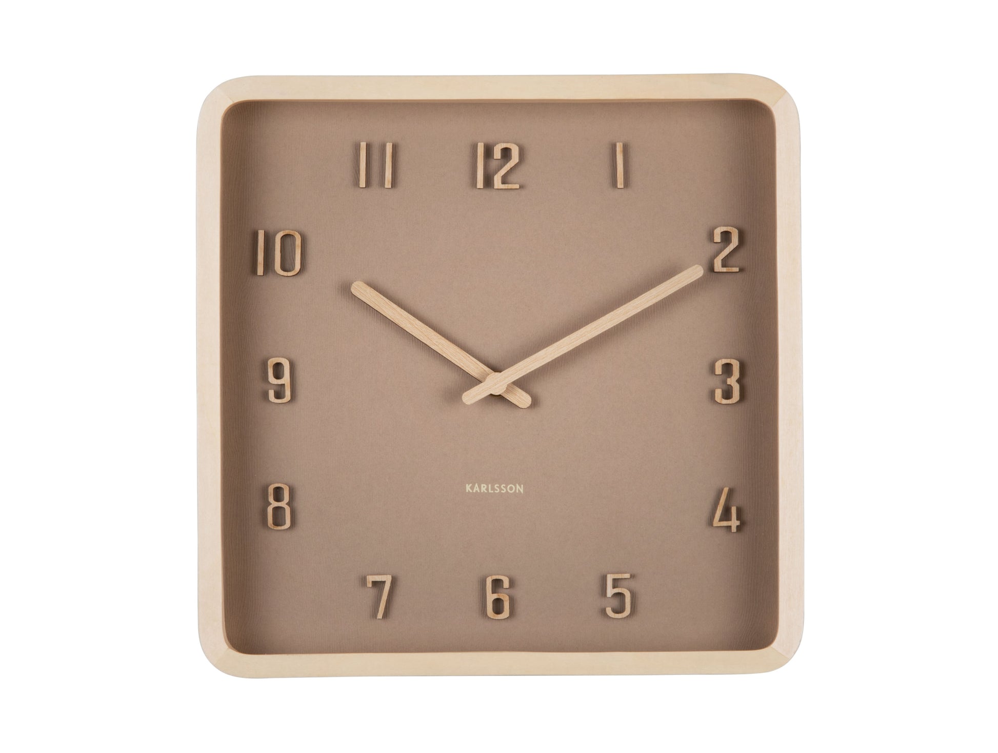 Horloge murale carrée avec cadre clair, cadran taupe, index et aiguilles dorés