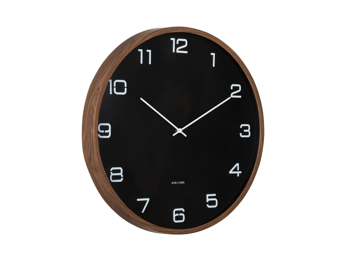 Grande horloge murale Karlsson avec cadran noir et cadre effet bois, index blancs