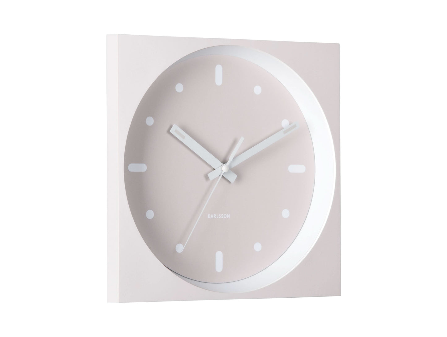 Horloge murale avec cadran rond, cadre gris et index blancs