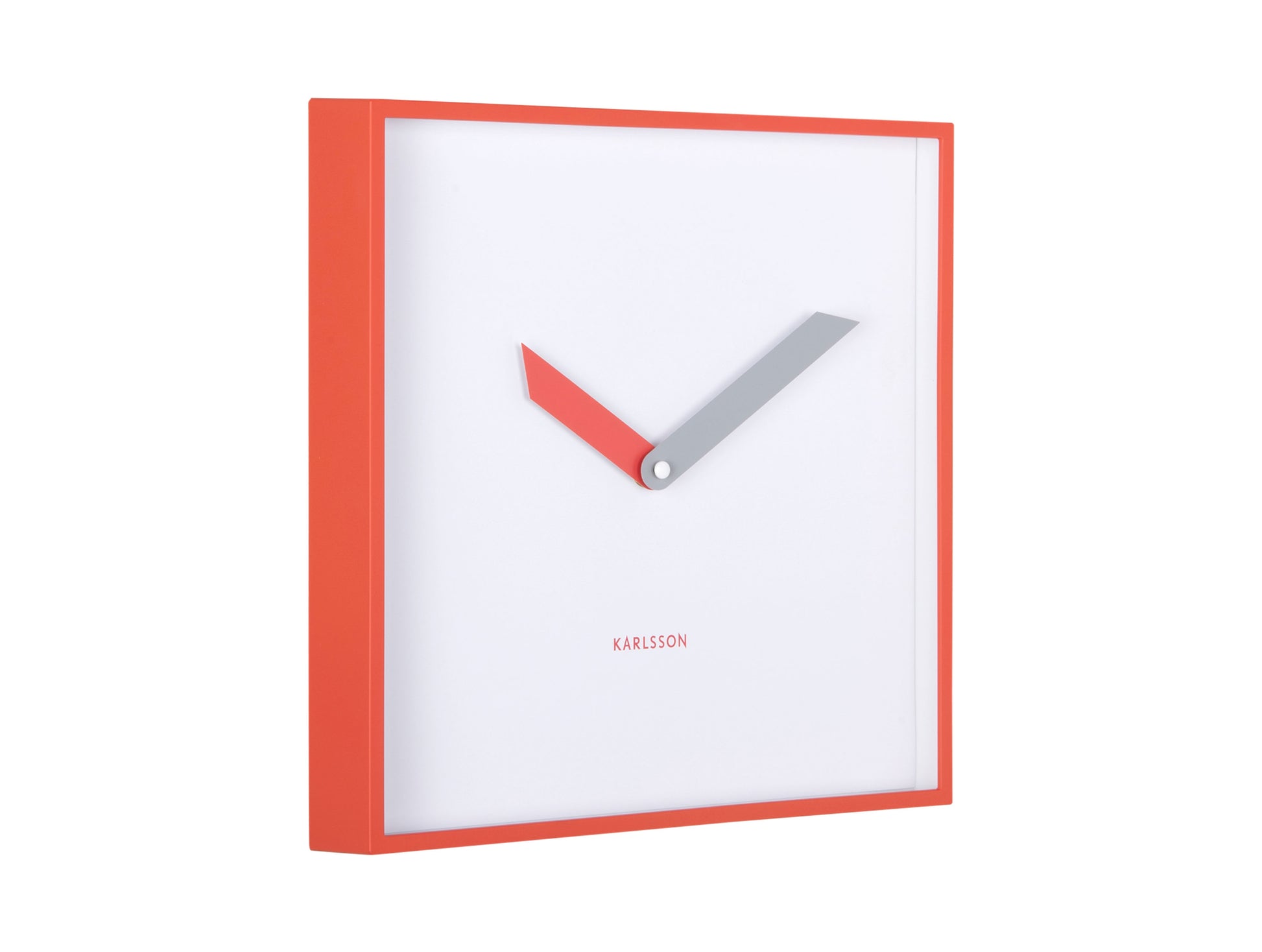 Horloge murale carrée rouge écarlate avec cadran blanc et aiguilles rouges/grises