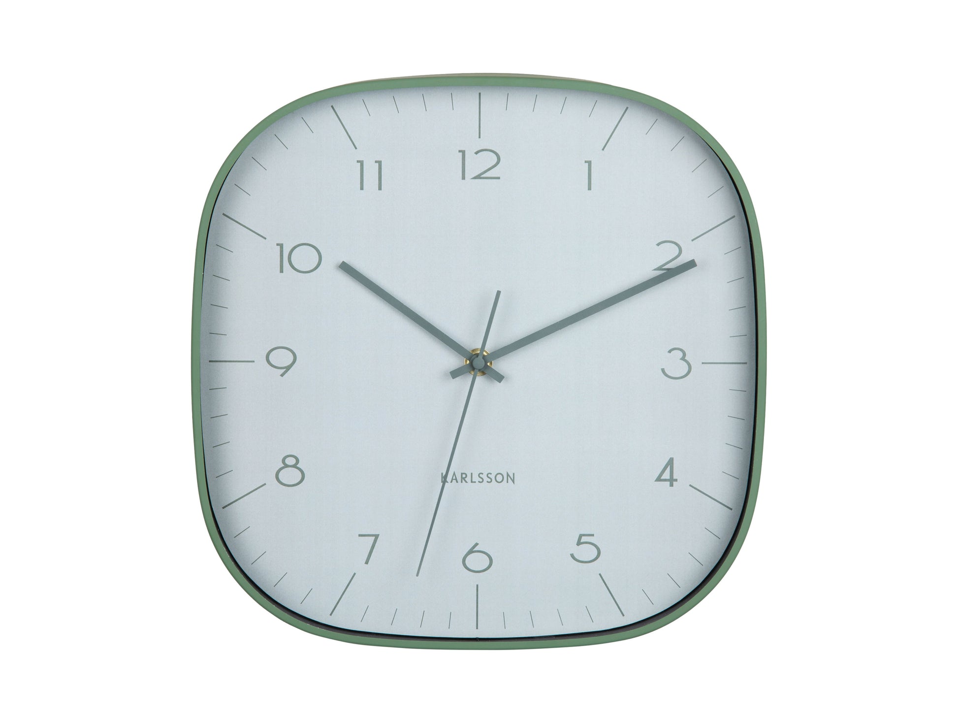 Horloge murale carrée avec cadre vert et cadran blanc, aiguilles métalliques claires