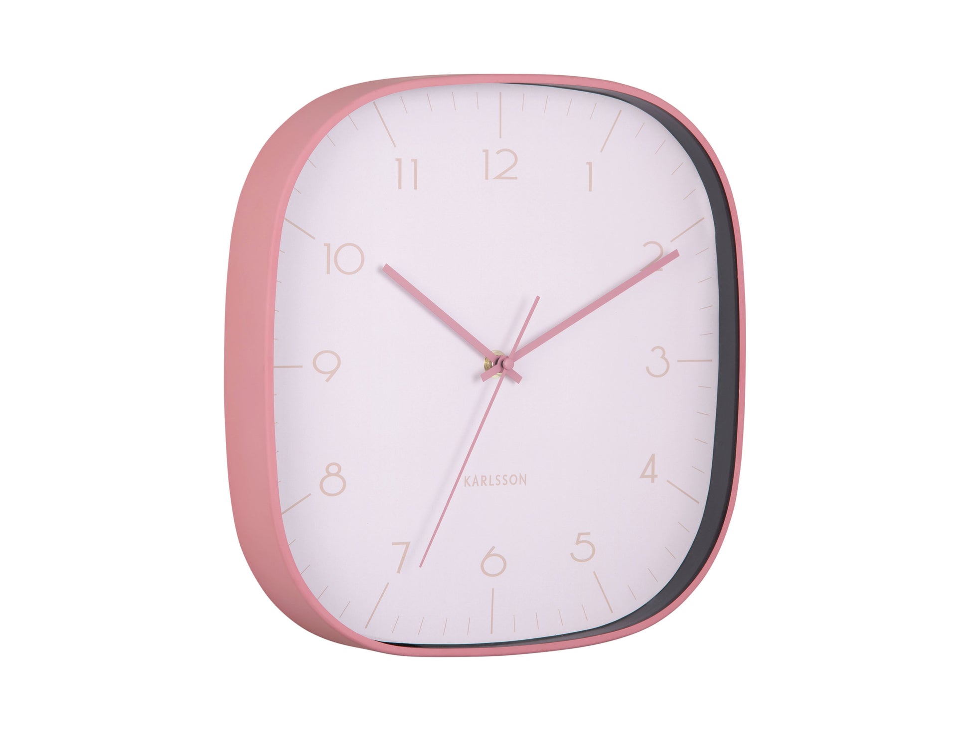 Horloge murale rose pâle avec boîtier carré arrondi et cadran blanc