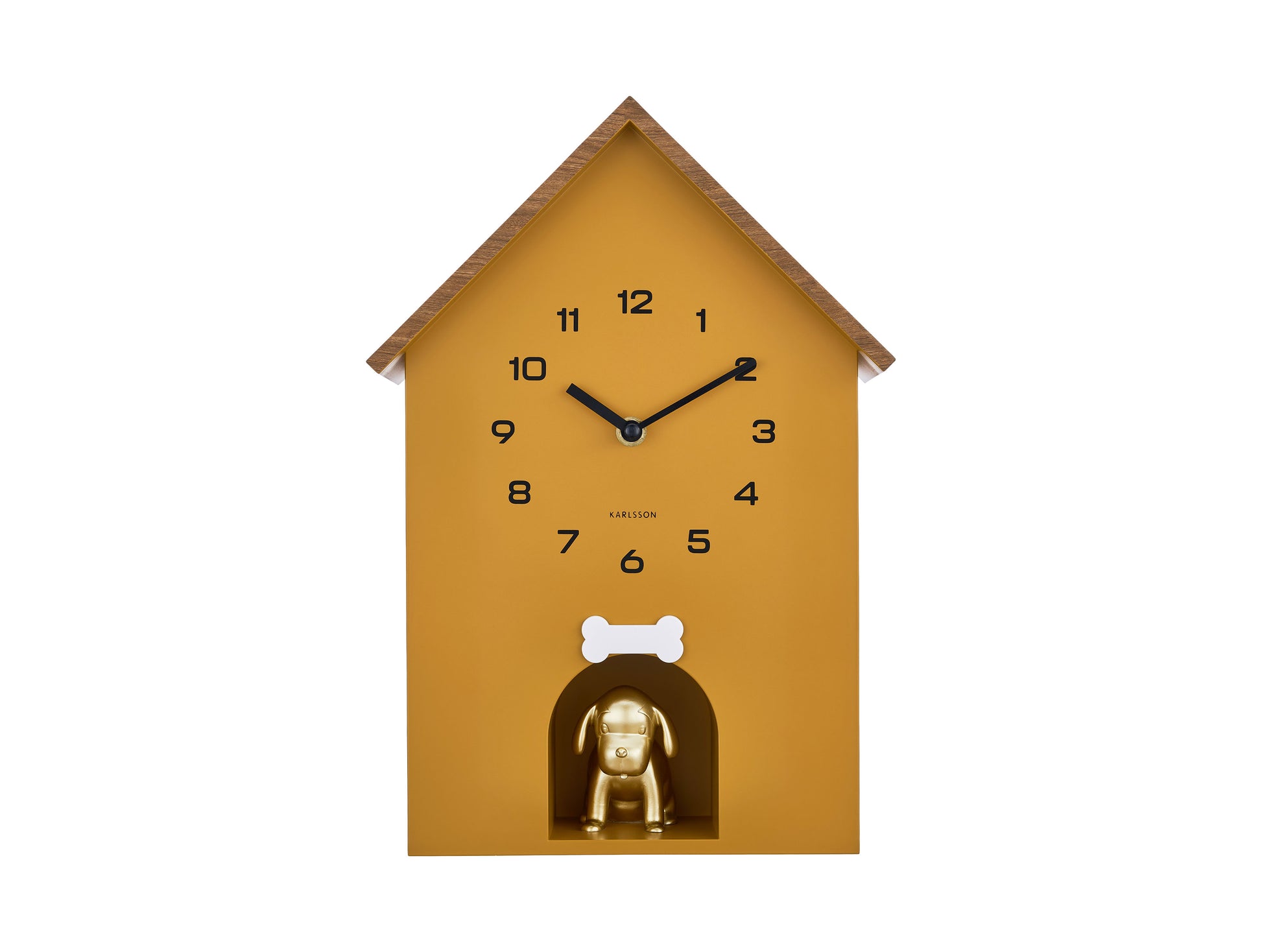 Horloge murale design niche pour chien, ocre, avec coucou et cadran