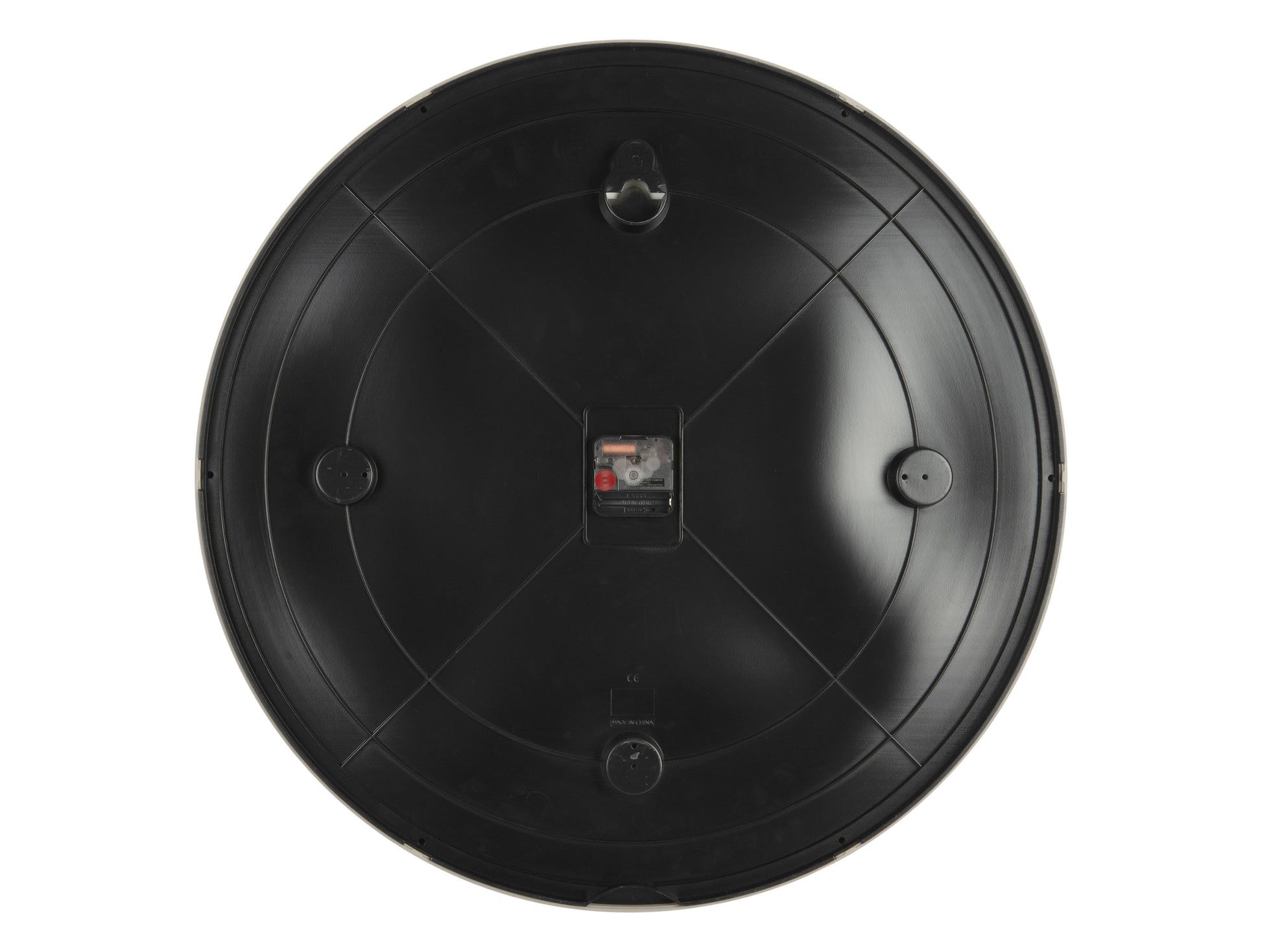 Dos d'une horloge murale avec boîtier noir et mécanisme apparent