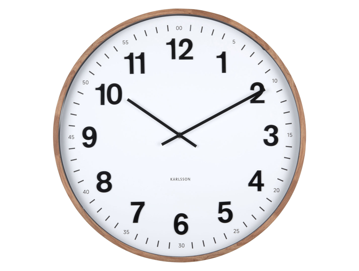 Horloge murale avec cadre en bois foncé et cadran blanc, chiffres noirs, aiguilles noires