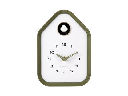 Horloge murale avec cadre vert, cadran blanc et trou de coucou en haut