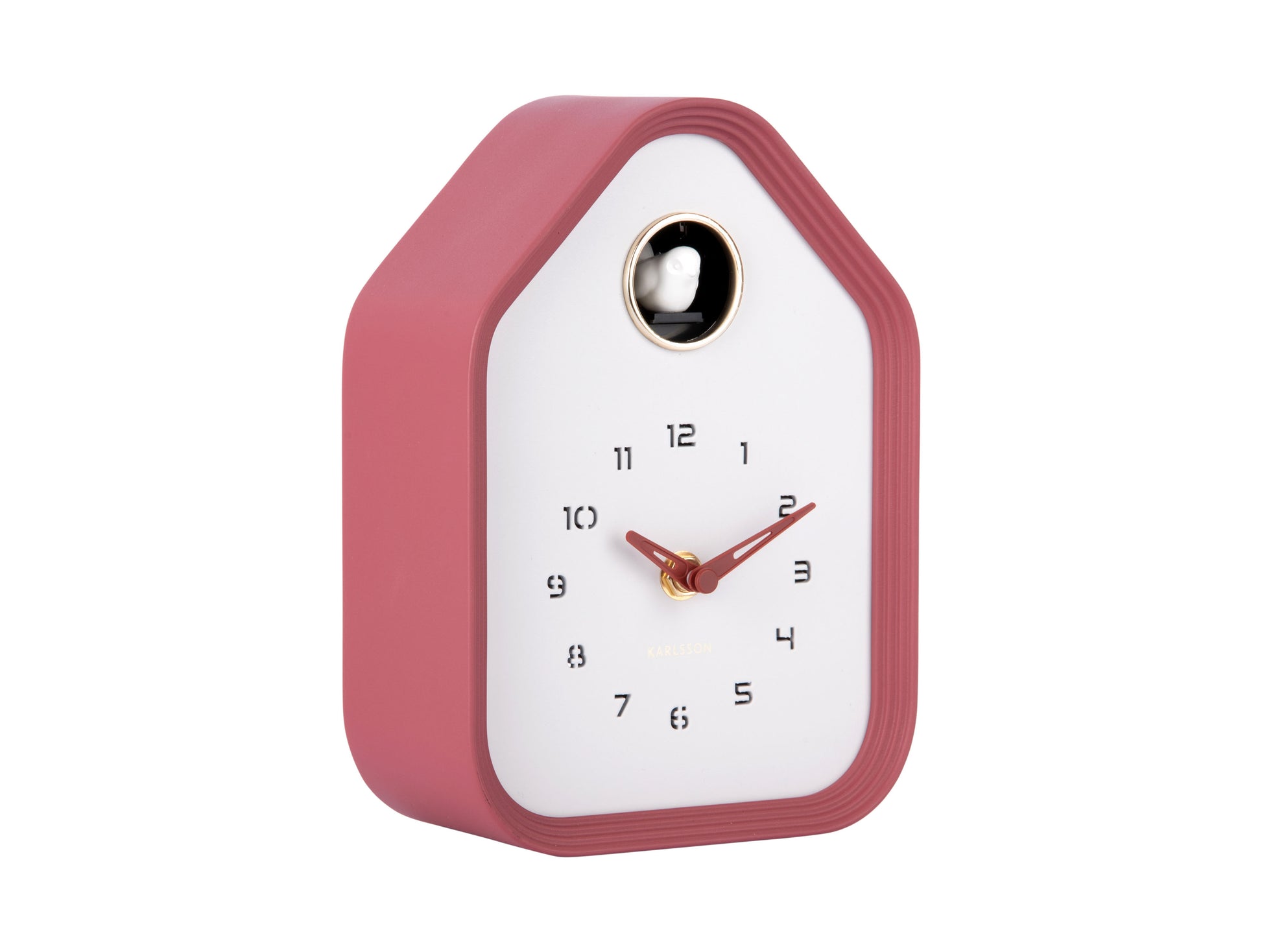 Coucou design maison avec cadre bordeaux et cadran blanc, ouverture ronde sur le dessus