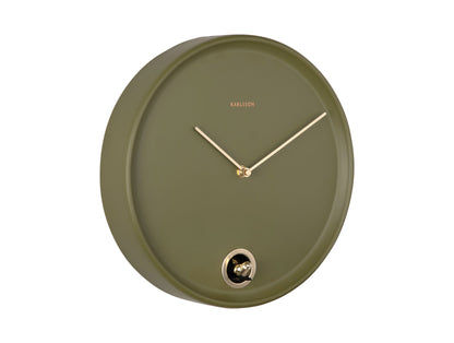 Väggklocka, olivgrön rund boett, visare och rund dörr nedtill