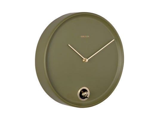 Horloge murale, boîtier rond vert olive, aiguilles et petite porte ronde en bas