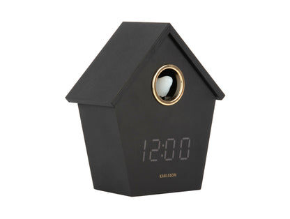 Réveil noir à LED en forme de maison avec ouverture frontale et affichage LED 12:00