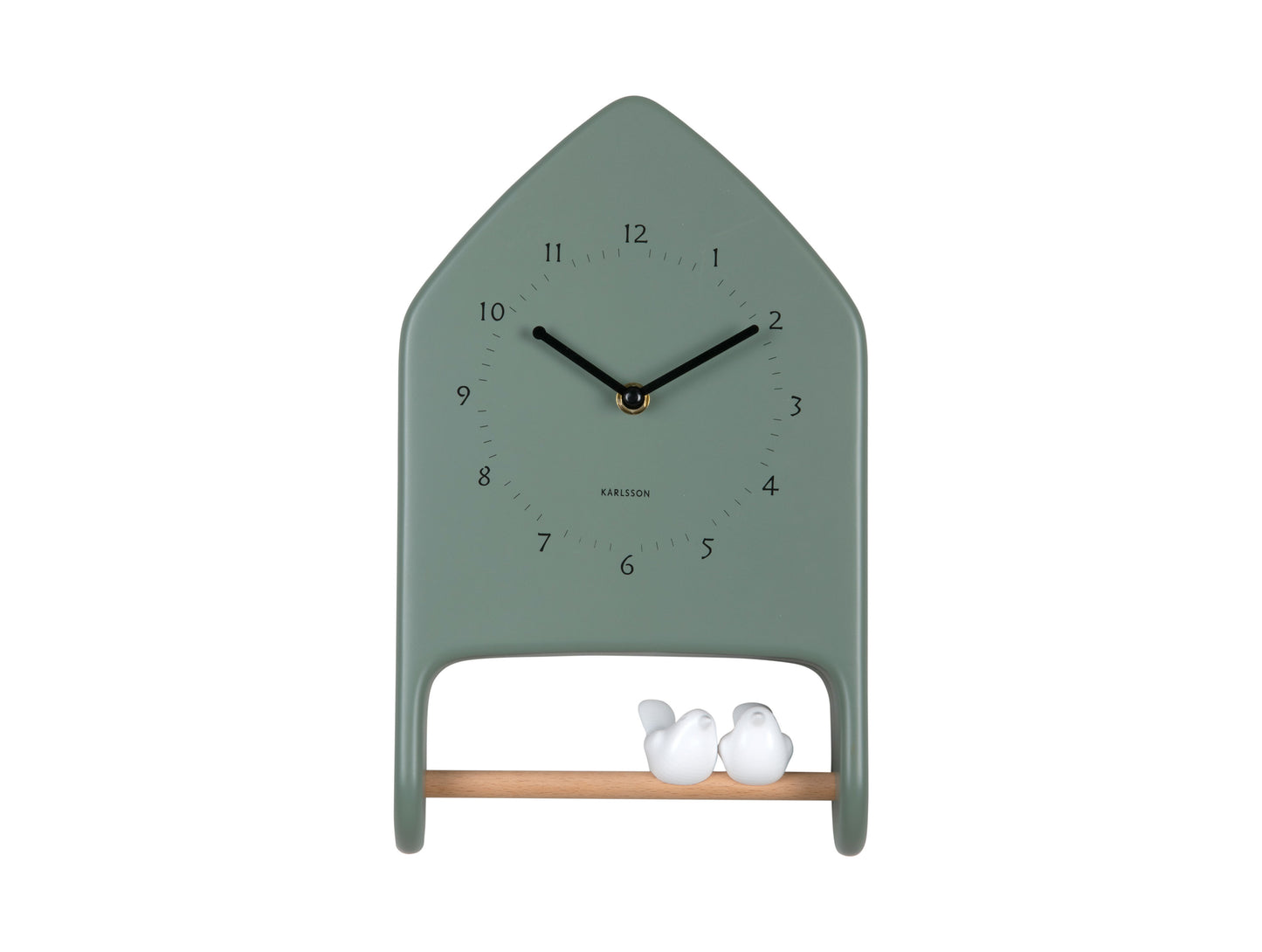 Horloge murale Karlsson avec boîtier vert, aiguilles et Lovebirds dans la partie inférieure ouverte