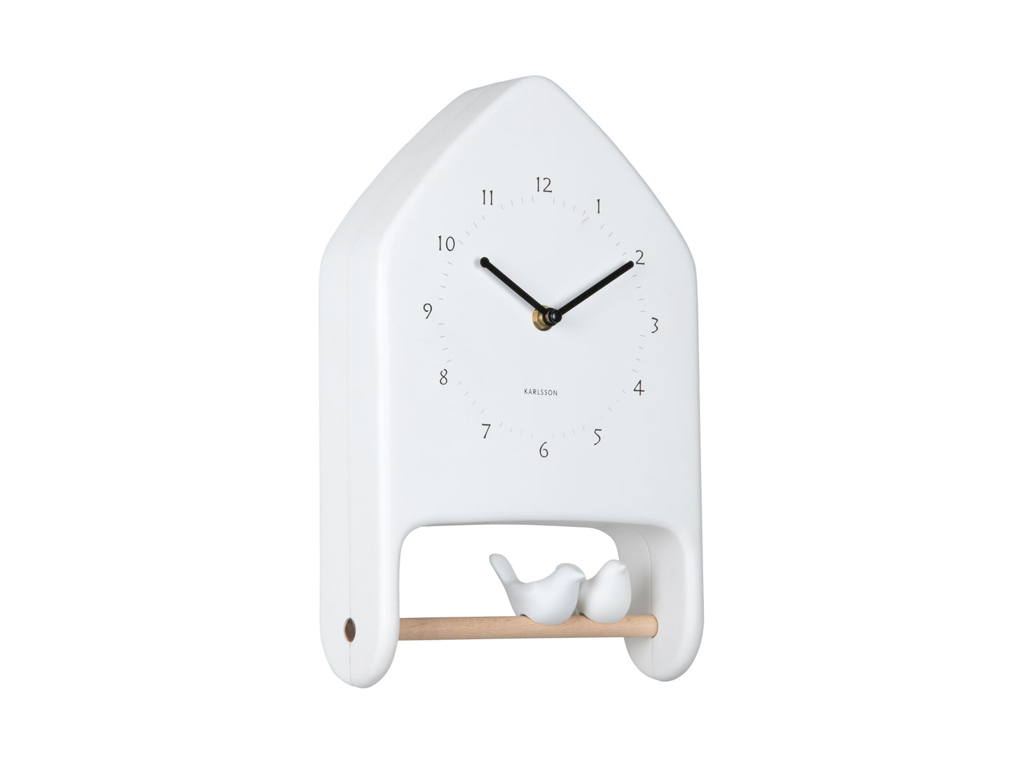 Horloge murale blanche avec chiffres de mouvement et deux oiseaux dans le compartiment inférieur