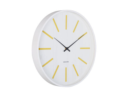 Horloge murale ronde avec cadran blanc, repères jaunes et aiguilles noires, Karlsson