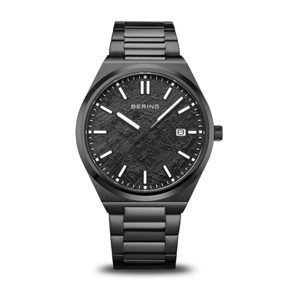 Herrenuhr mit schwarzem Zifferblatt, schwarzen Indexen und schwarzem Edelstahlarmband