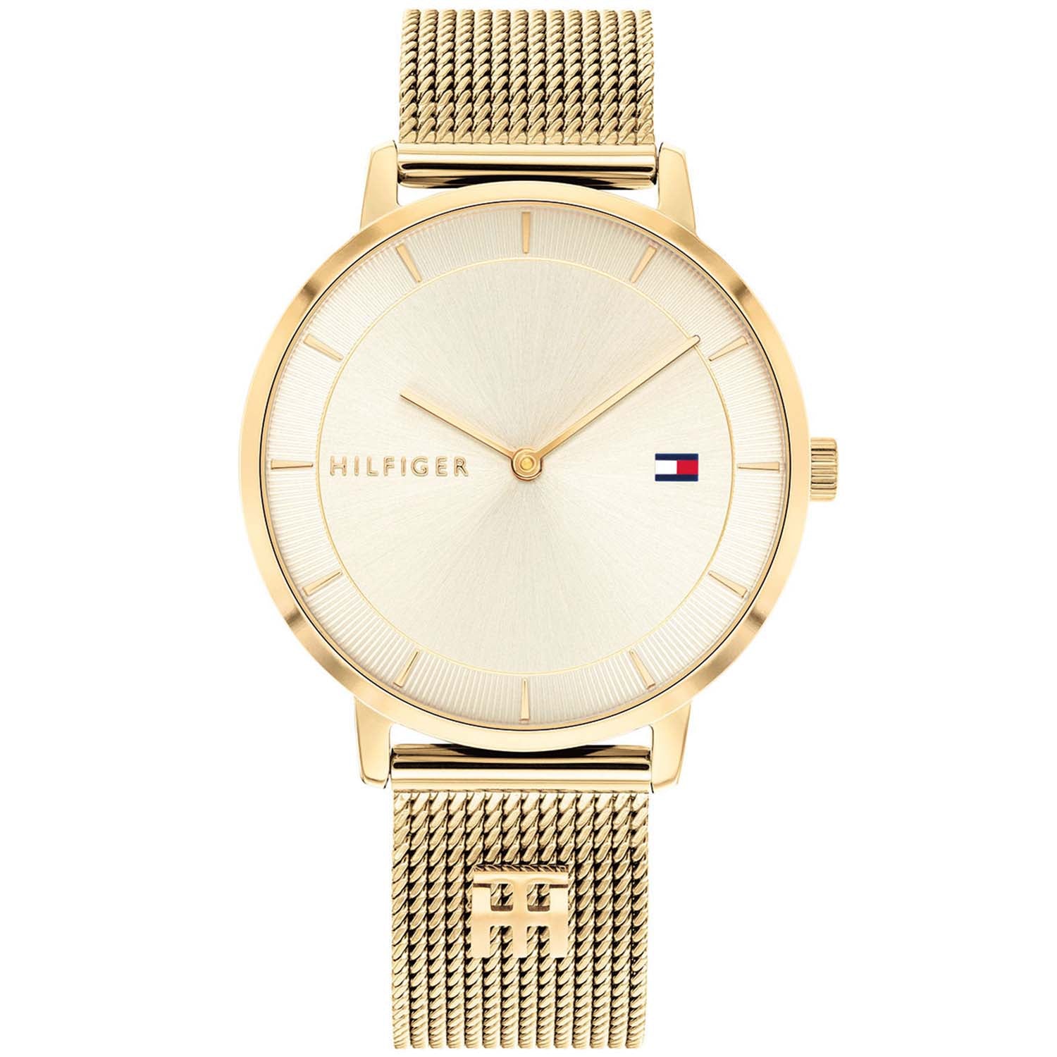 Tommy Hilfiger Damenarmbanduhr mit goldfarbenem Meshband und rundem hellem Zifferblatt