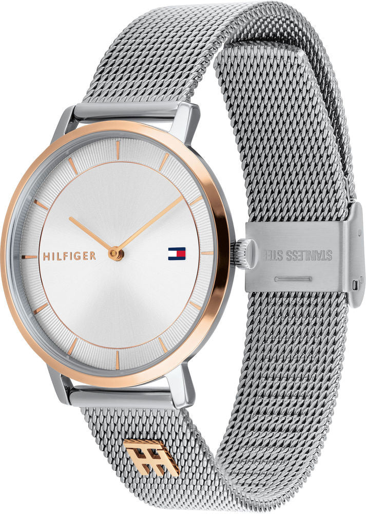 Silberne Damenarmbanduhr mit Milanaise-Edelstahlband und schlichtem Zifferblatt