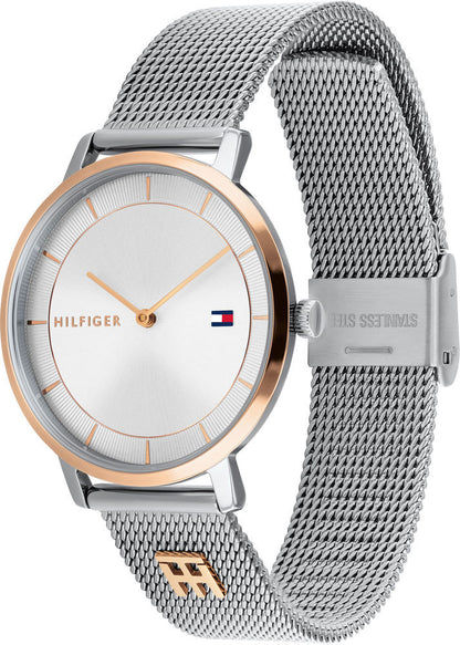 Silberne Damenarmbanduhr mit Milanaise-Edelstahlband und schlichtem Zifferblatt