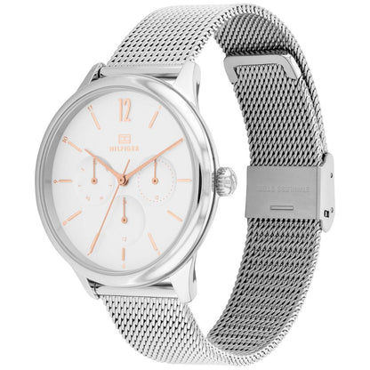 Tommy Hilfiger Layla Uhr: silbernes Mesh-Armband, weißes Zifferblatt mit 3 Hilfszifferblättern