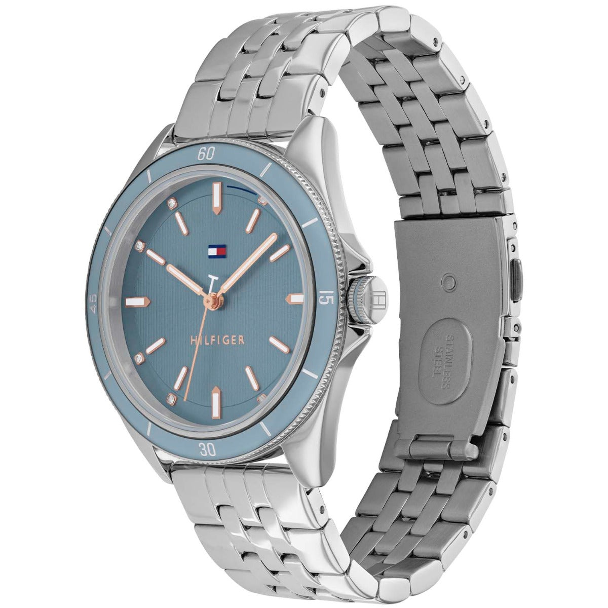 Tommy Hilfiger Damenarmbanduhr, blaues Zifferblatt, silbernes Edelstahlarmband