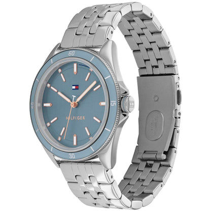 Tommy Hilfiger Damenarmbanduhr, blaues Zifferblatt, silbernes Edelstahlarmband