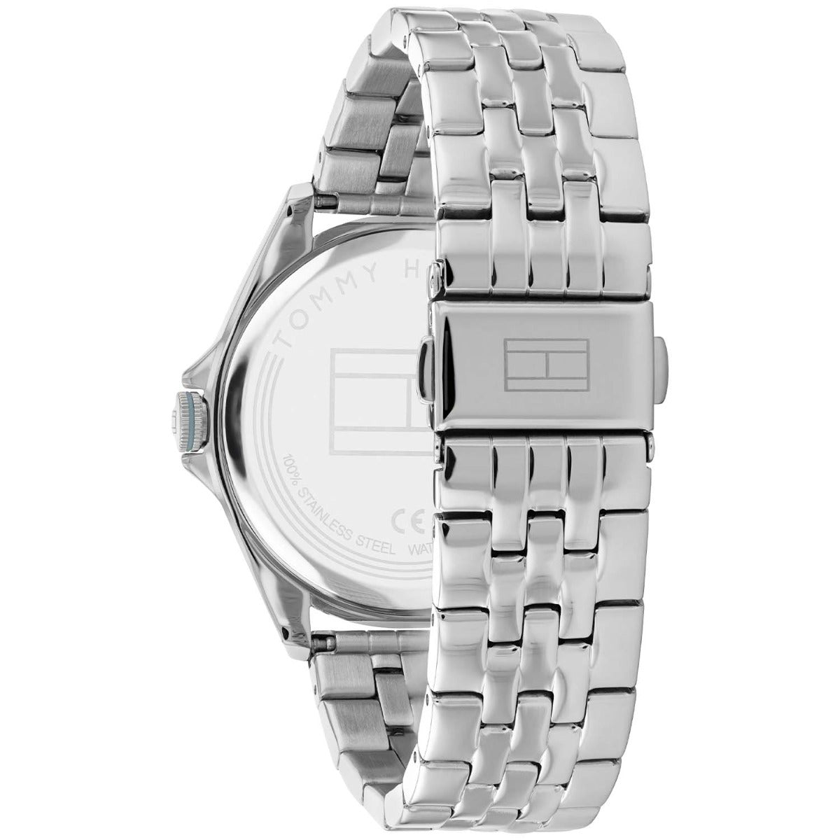 Tommy Hilfiger Damenarmbanduhr, Edelstahlgehäuse und silbernes Metallarmband (Seitenansicht)