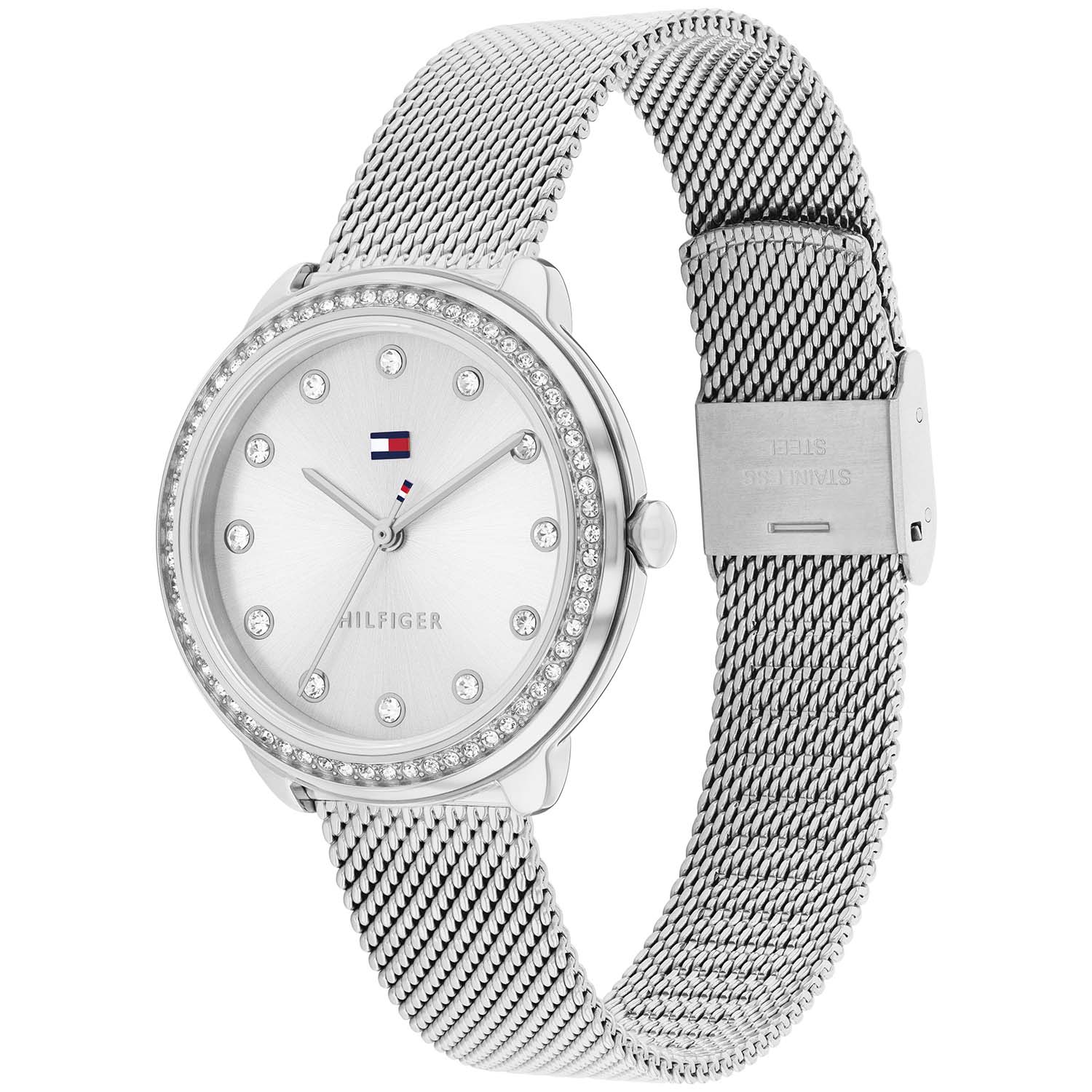 Silberne Damenarmbanduhr mit rundem Zifferblatt, Zirkonia-Lünette und Milanaiseband