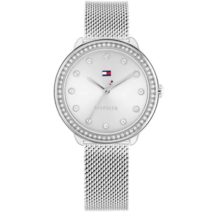 Tommy Hilfiger Damenuhr mit silbernem Milanaise-Armband, weißem Zifferblatt und Zirkonia-Lünette