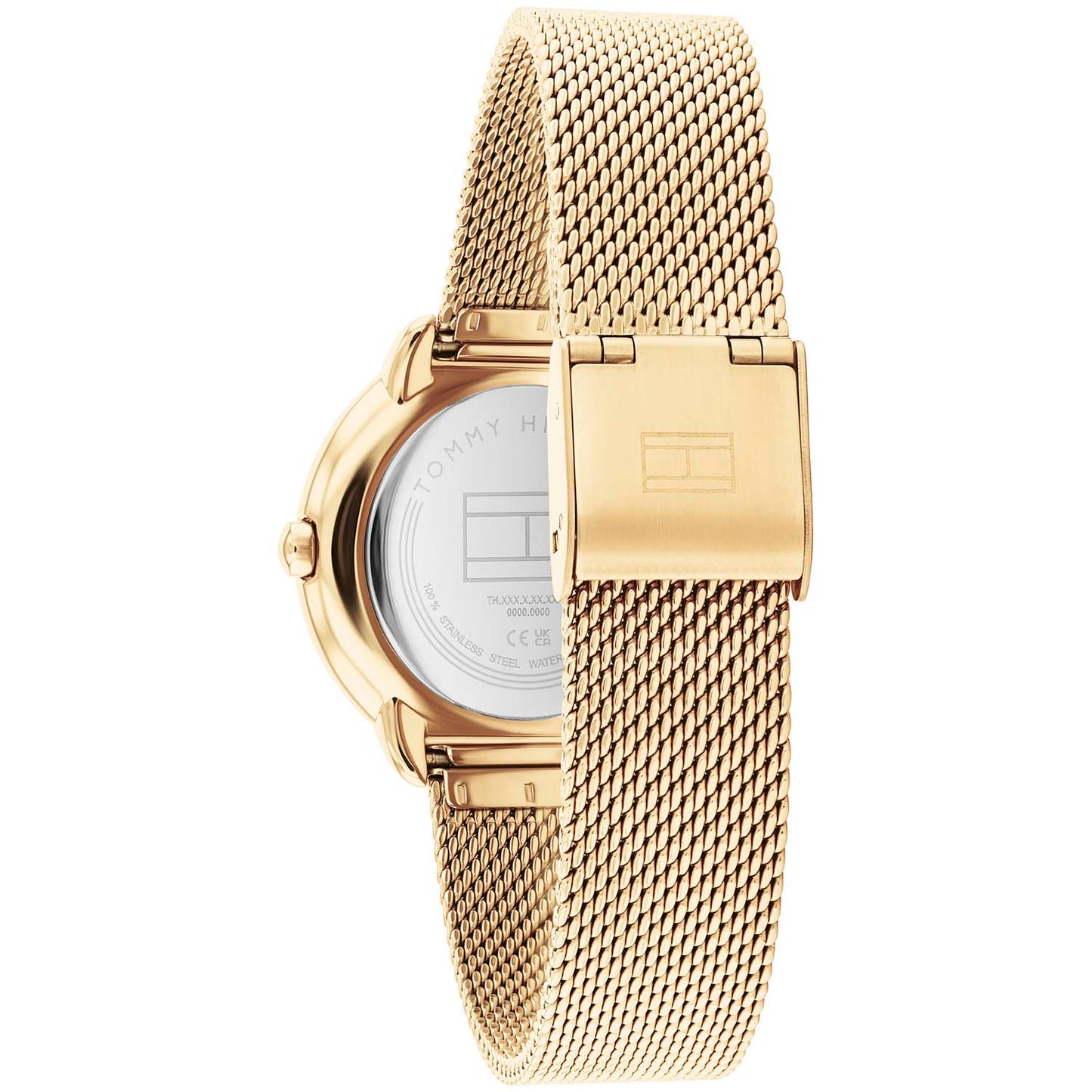 Damenarmbanduhr Tommy Hilfiger, goldfarbenes Milanaiseband mit Schließe und Gehäuserückseite