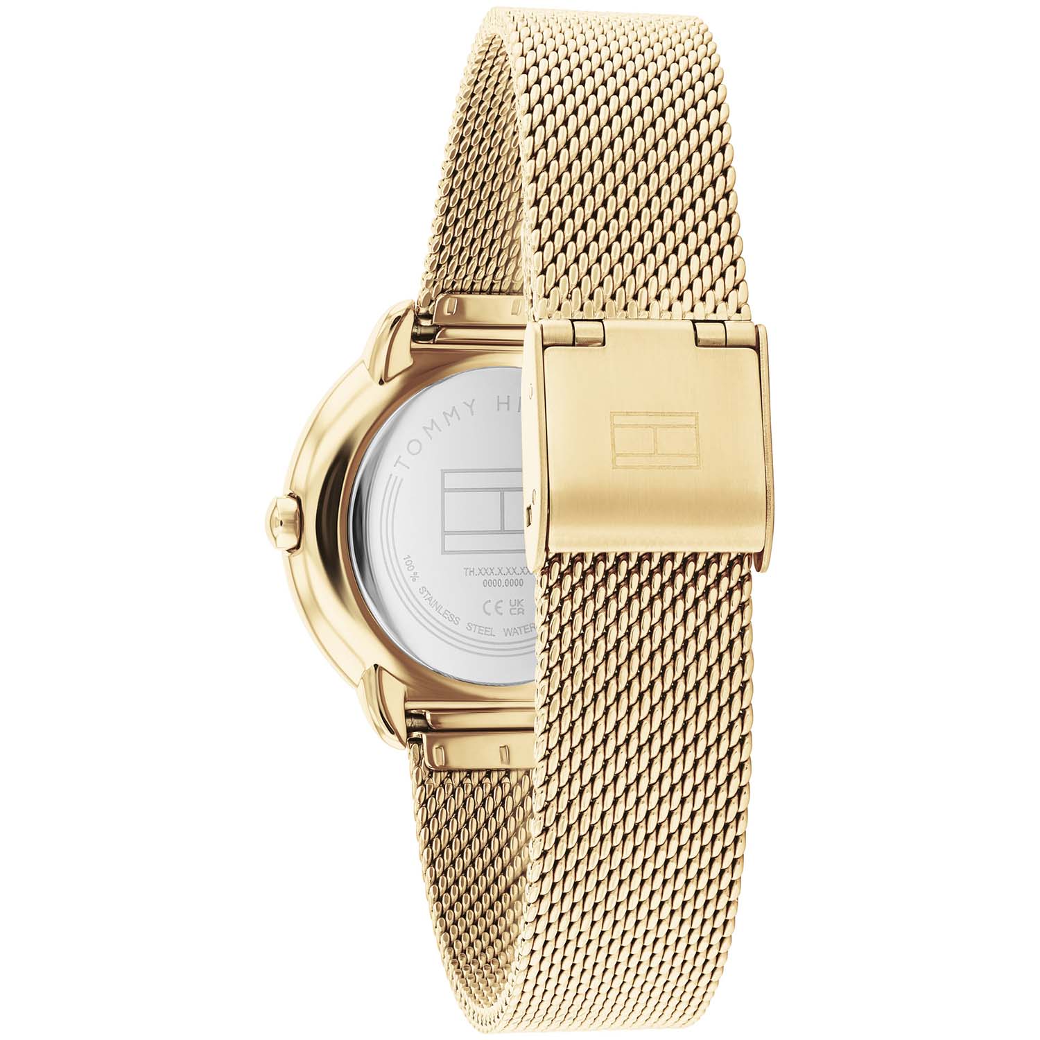 Damenarmbanduhr Tommy Hilfiger, goldfarbenes Milanaiseband mit Schließe und Gehäuserückseite