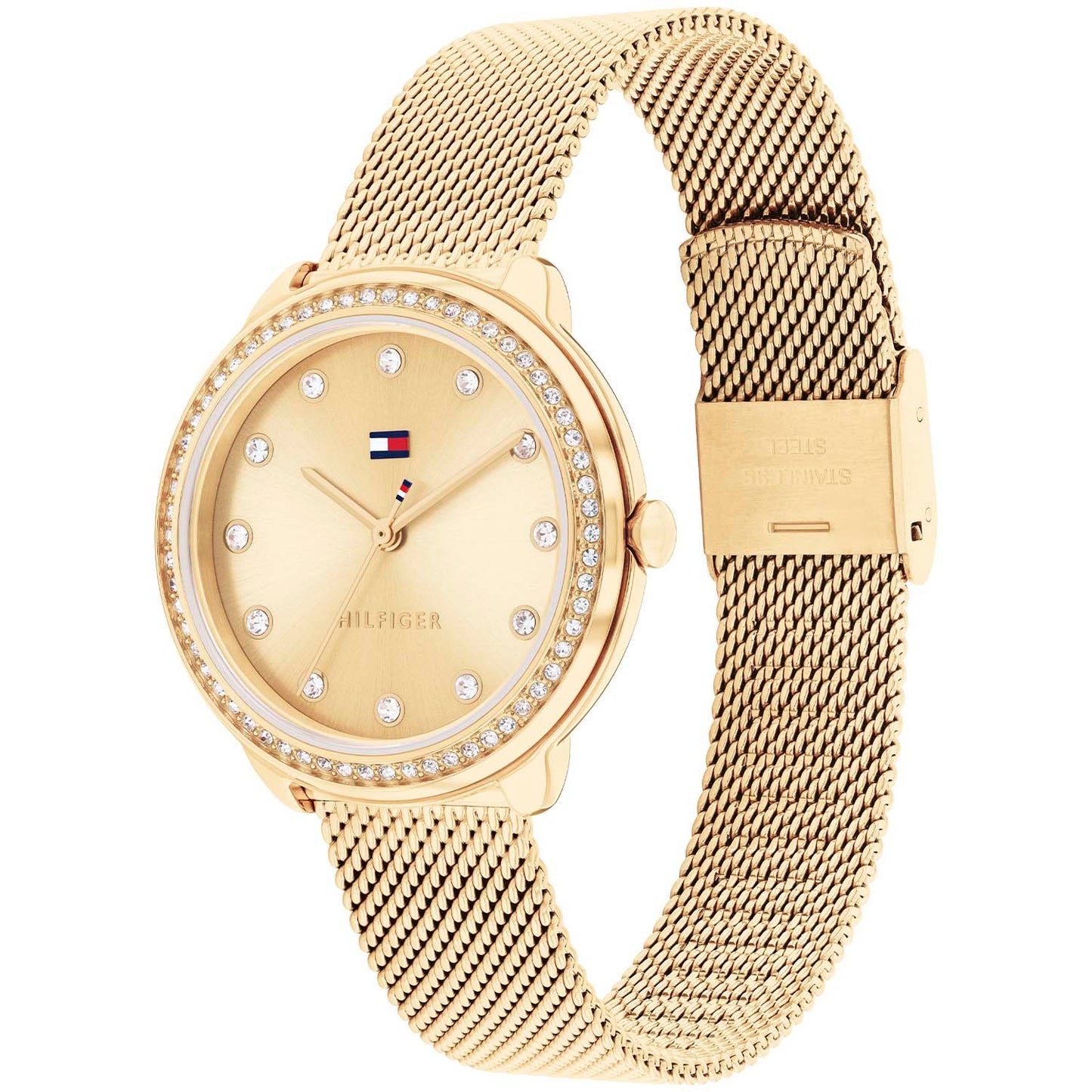 Damenarmbanduhr Tommy Hilfiger mit goldfarbenem Milanaiseband, Pavé-Lünette, beigem Zifferblatt