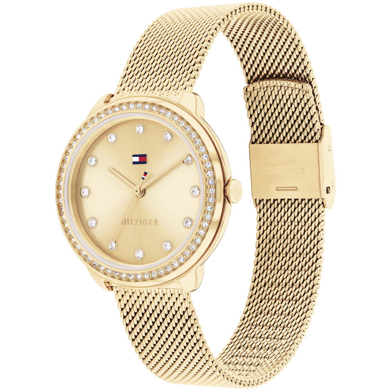 Damenarmbanduhr Tommy Hilfiger mit goldfarbenem Milanaiseband, Pavé-Lünette, beigem Zifferblatt