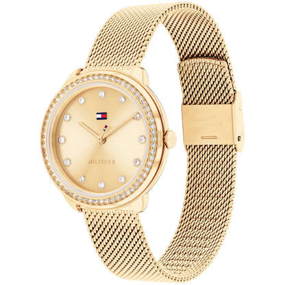Damenarmbanduhr Tommy Hilfiger mit goldfarbenem Milanaiseband, Pavé-Lünette, beigem Zifferblatt