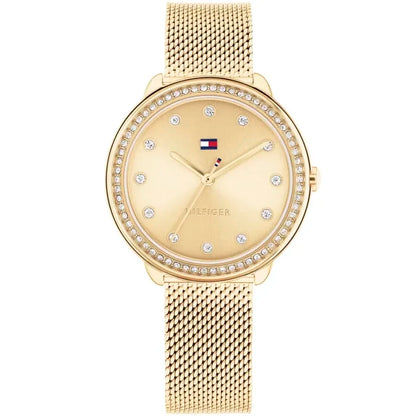 Tommy Hilfiger Damenarmbanduhr mit goldfarbenem Milanaiseband, runder Pavé-Lünette und beigem Zifferblatt