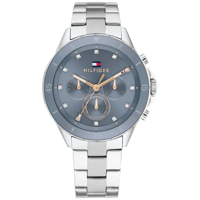 Tommy Hilfiger Damenuhr mit blauem Zifferblatt, Chronograph-Optik und Edelstahlarmband
