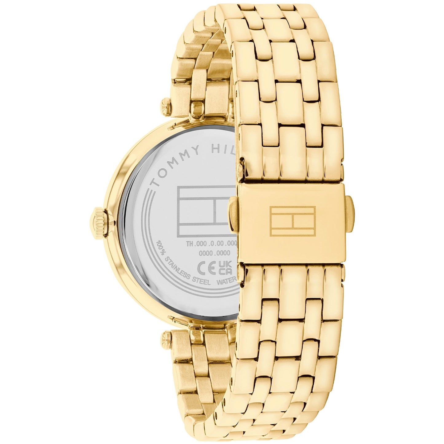 Goldfarbene Armbanduhr mit Gliederarmband und rundem Gehäuse, seitlich in Ansicht