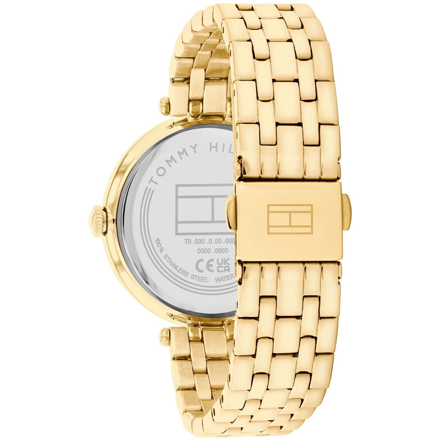 Goldfarbene Armbanduhr mit Gliederarmband und rundem Gehäuse, seitlich in Ansicht