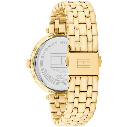 Goldfarbene Armbanduhr mit Gliederarmband und rundem Gehäuse, seitlich in Ansicht