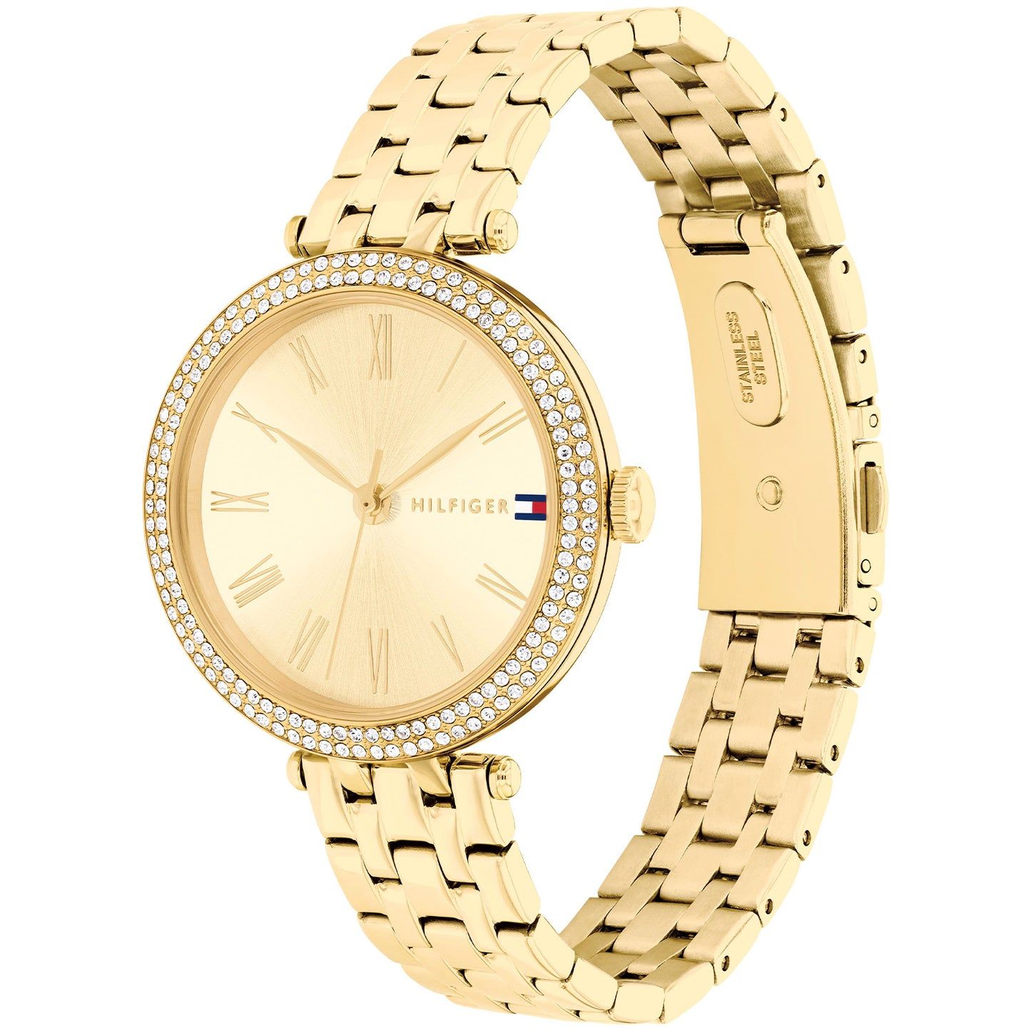Runde Goldarmbanduhr für Damen mit Ziffernblatt, Strass-Lünette und Gliederarmband