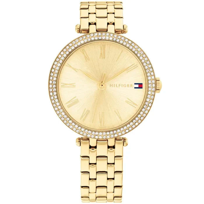 Damen-Armbanduhr Gold mit Steinbesatz, beigem Zifferblatt und Metallarmband