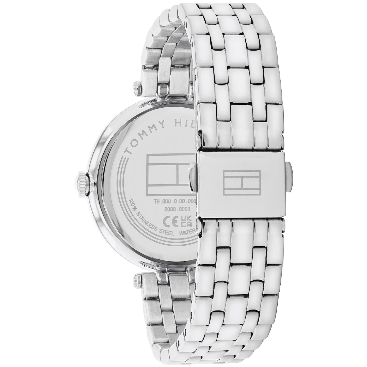 Silberfarbene Damenarmbanduhr mit Metallarmband und Seitenansicht, sichtbarem Gehäuseboden