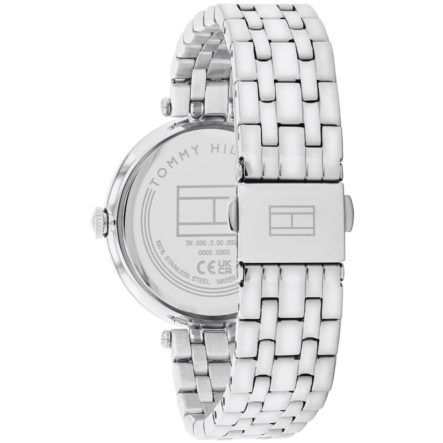 Silberfarbene Damenarmbanduhr mit Metallarmband und Seitenansicht, sichtbarem Gehäuseboden