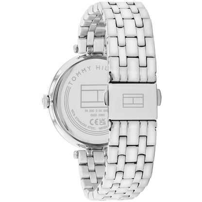 Silberfarbene Damenarmbanduhr mit Metallarmband und Seitenansicht, sichtbarem Gehäuseboden
